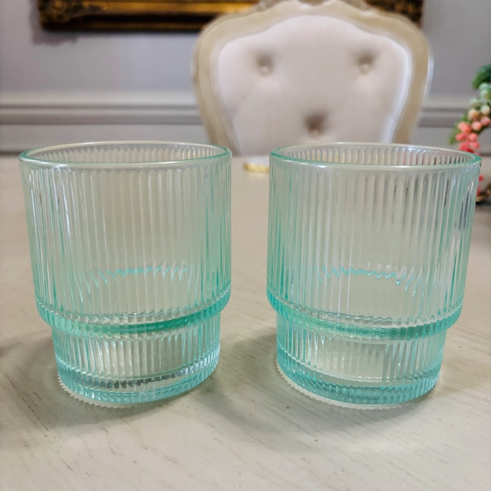 Jonathan Adler Ribbed Biba Drinking Glasses Set of 2 Clear AQUAMARINE